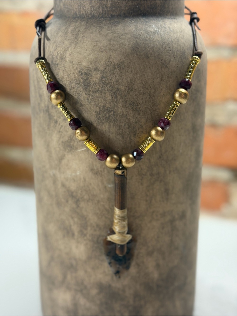 Handcrafted Gold & Burgundy Bead Necklace with Wood Pendant